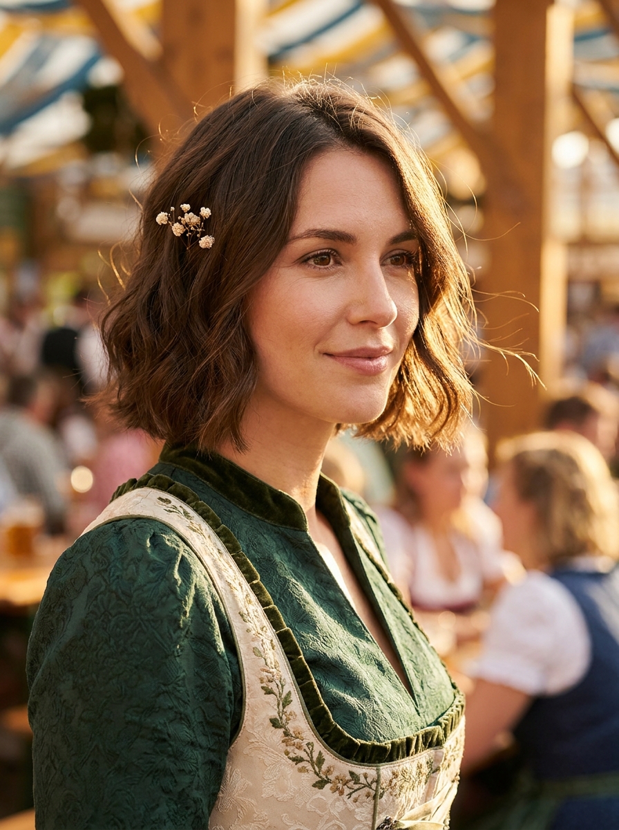 Romantic Wavy Bob mit Mini-Blumen als Dirndlfrisuren Inspiration 2026